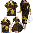 Personalized Hawks Football Family Matching Off The Shoulder Long Sleeve Dress and Hawaiian Shirt Easter Egg Pattern Brown Gold Tribal Dot Art Style
