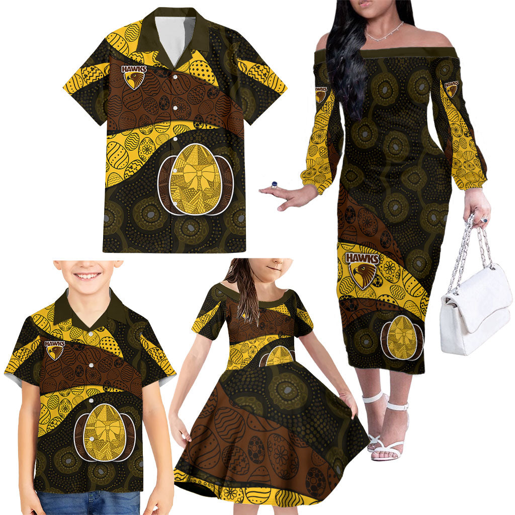 Personalized Hawks Football Family Matching Off The Shoulder Long Sleeve Dress and Hawaiian Shirt Easter Egg Pattern Brown Gold Tribal Dot Art Style