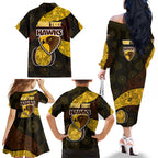 Personalized Hawks Football Family Matching Off The Shoulder Long Sleeve Dress and Hawaiian Shirt Easter Egg Pattern Brown Gold Tribal Dot Art Style