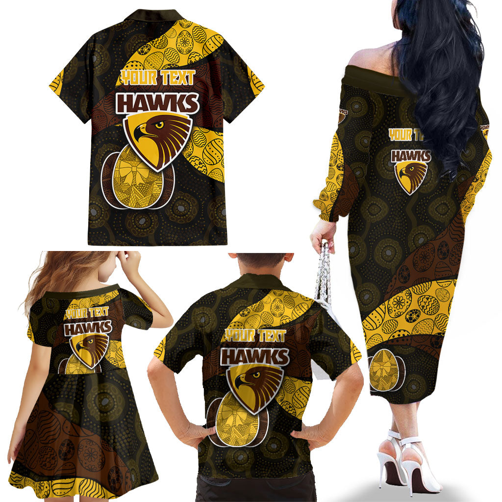 Personalized Hawks Football Family Matching Off The Shoulder Long Sleeve Dress and Hawaiian Shirt Easter Egg Pattern Brown Gold Tribal Dot Art Style