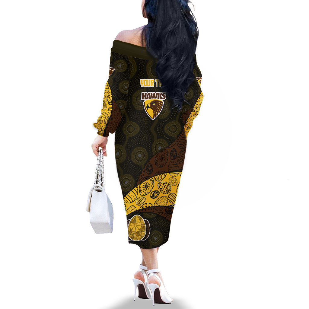 Personalized Hawks Football Family Matching Off The Shoulder Long Sleeve Dress and Hawaiian Shirt Easter Egg Pattern Brown Gold Tribal Dot Art Style