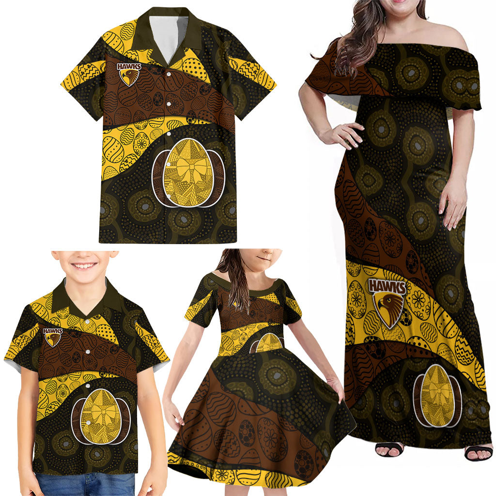 Personalized Hawks Football Family Matching Off Shoulder Maxi Dress and Hawaiian Shirt Easter Egg Pattern Brown Gold Tribal Dot Art Style
