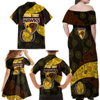 Personalized Hawks Football Family Matching Off Shoulder Maxi Dress and Hawaiian Shirt Easter Egg Pattern Brown Gold Tribal Dot Art Style