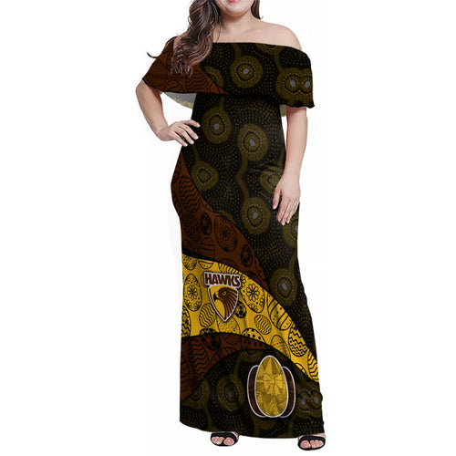 Personalized Hawks Football Family Matching Off Shoulder Maxi Dress and Hawaiian Shirt Easter Egg Pattern Brown Gold Tribal Dot Art Style
