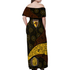 Personalized Hawks Football Family Matching Off Shoulder Maxi Dress and Hawaiian Shirt Easter Egg Pattern Brown Gold Tribal Dot Art Style
