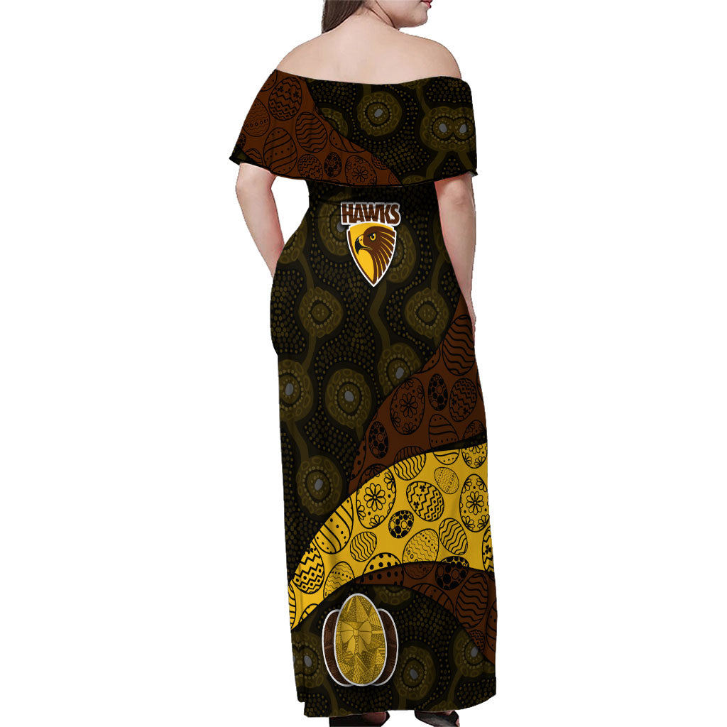 Personalized Hawks Football Family Matching Off Shoulder Maxi Dress and Hawaiian Shirt Easter Egg Pattern Brown Gold Tribal Dot Art Style