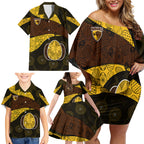 Personalized Hawks Football Family Matching Off Shoulder Short Dress and Hawaiian Shirt Easter Egg Pattern Brown Gold Tribal Dot Art Style