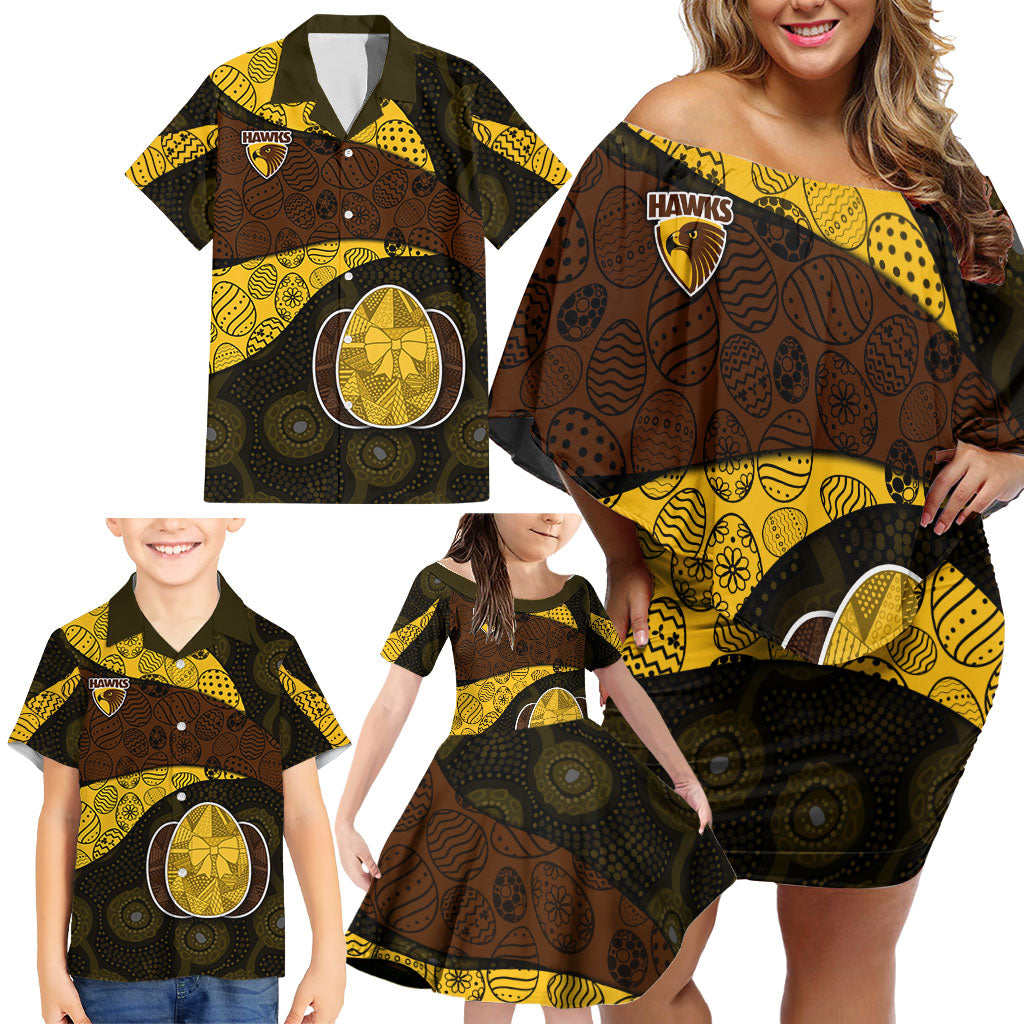 Personalized Hawks Football Family Matching Off Shoulder Short Dress and Hawaiian Shirt Easter Egg Pattern Brown Gold Tribal Dot Art Style