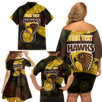 Personalized Hawks Football Family Matching Off Shoulder Short Dress and Hawaiian Shirt Easter Egg Pattern Brown Gold Tribal Dot Art Style