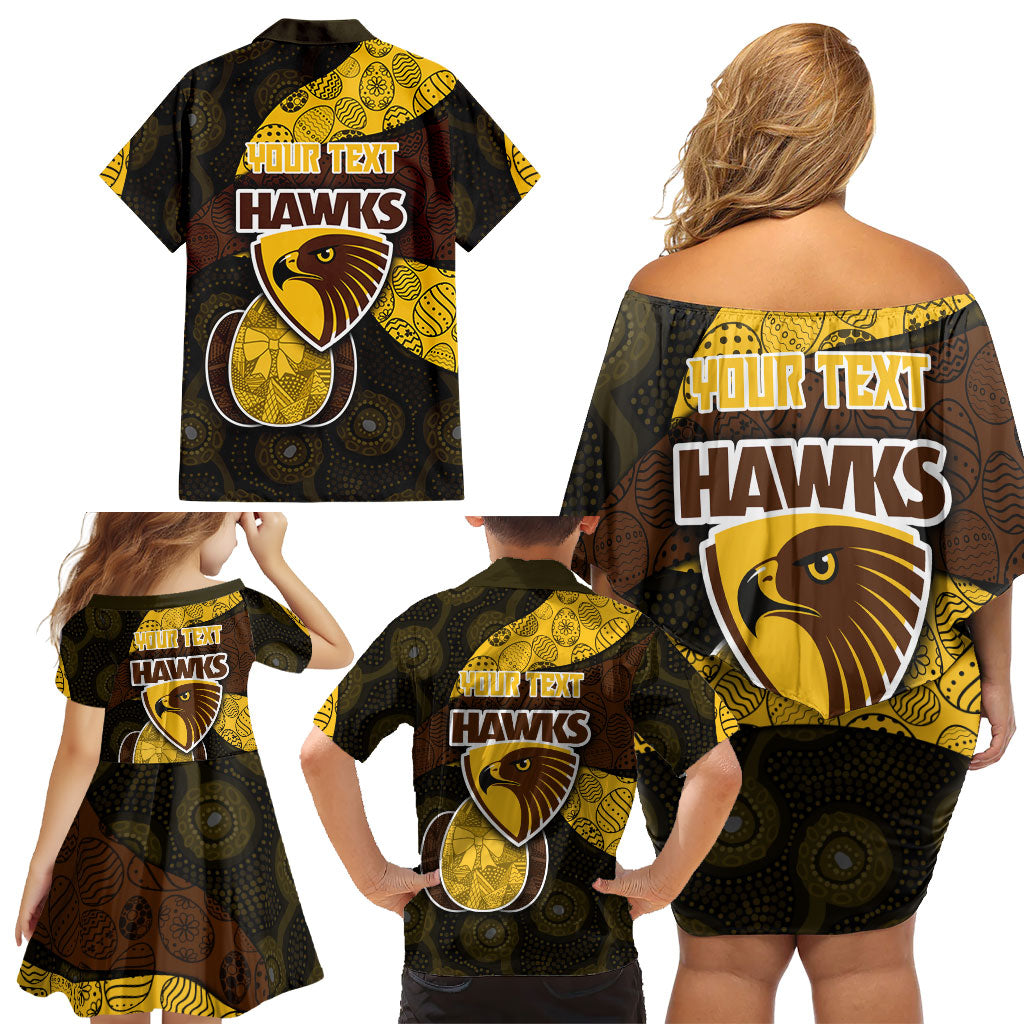 Personalized Hawks Football Family Matching Off Shoulder Short Dress and Hawaiian Shirt Easter Egg Pattern Brown Gold Tribal Dot Art Style