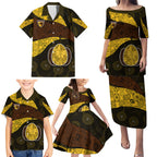 Personalized Hawks Football Family Matching Puletasi and Hawaiian Shirt Easter Egg Pattern Brown Gold Tribal Dot Art Style