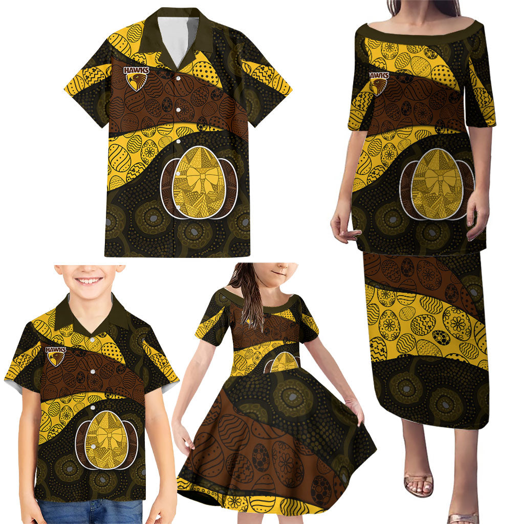 Personalized Hawks Football Family Matching Puletasi and Hawaiian Shirt Easter Egg Pattern Brown Gold Tribal Dot Art Style