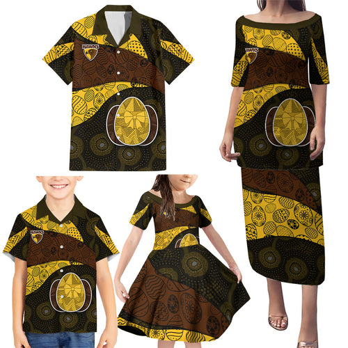 Personalized Hawks Football Family Matching Puletasi and Hawaiian Shirt Easter Egg Pattern Brown Gold Tribal Dot Art Style
