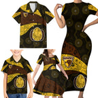 Personalized Hawks Football Family Matching Short Sleeve Bodycon Dress and Hawaiian Shirt Easter Egg Pattern Brown Gold Tribal Dot Art Style
