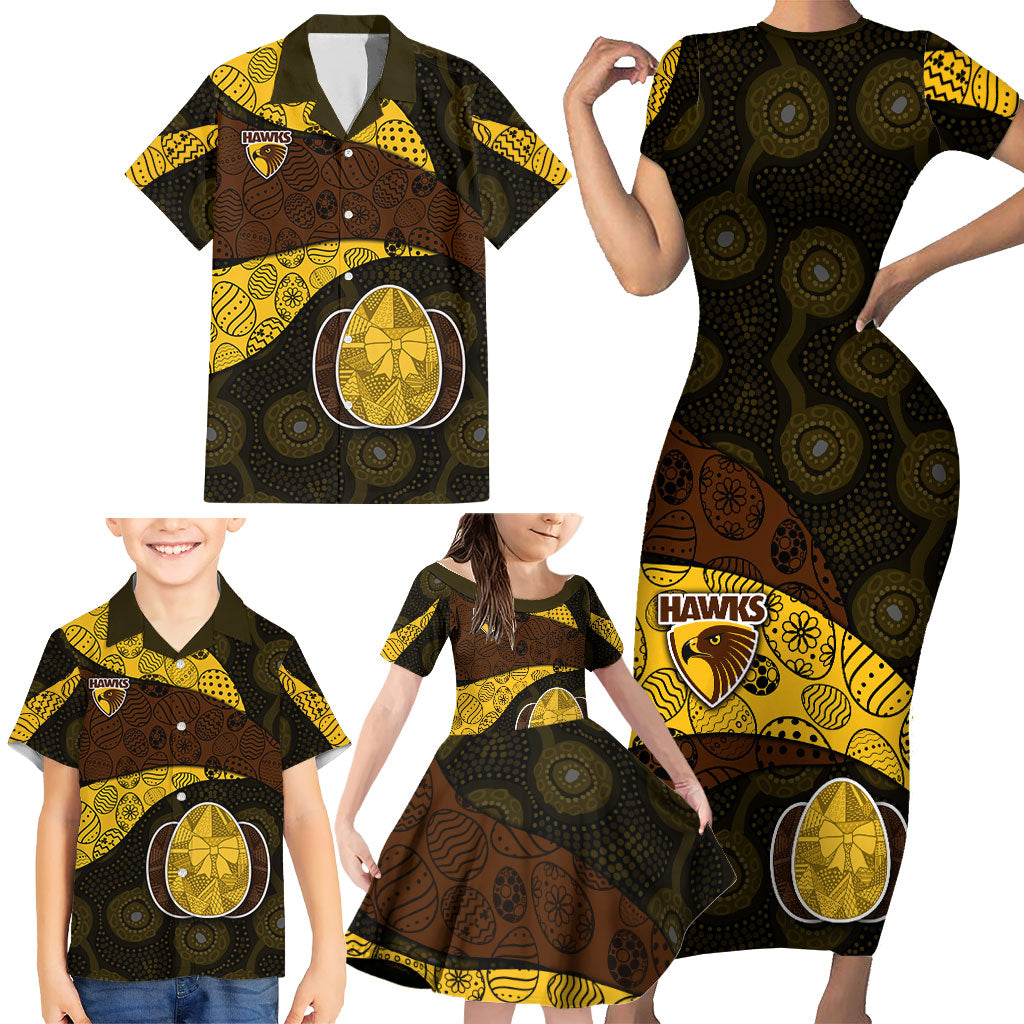 Personalized Hawks Football Family Matching Short Sleeve Bodycon Dress and Hawaiian Shirt Easter Egg Pattern Brown Gold Tribal Dot Art Style