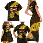 Personalized Hawks Football Family Matching Short Sleeve Bodycon Dress and Hawaiian Shirt Easter Egg Pattern Brown Gold Tribal Dot Art Style