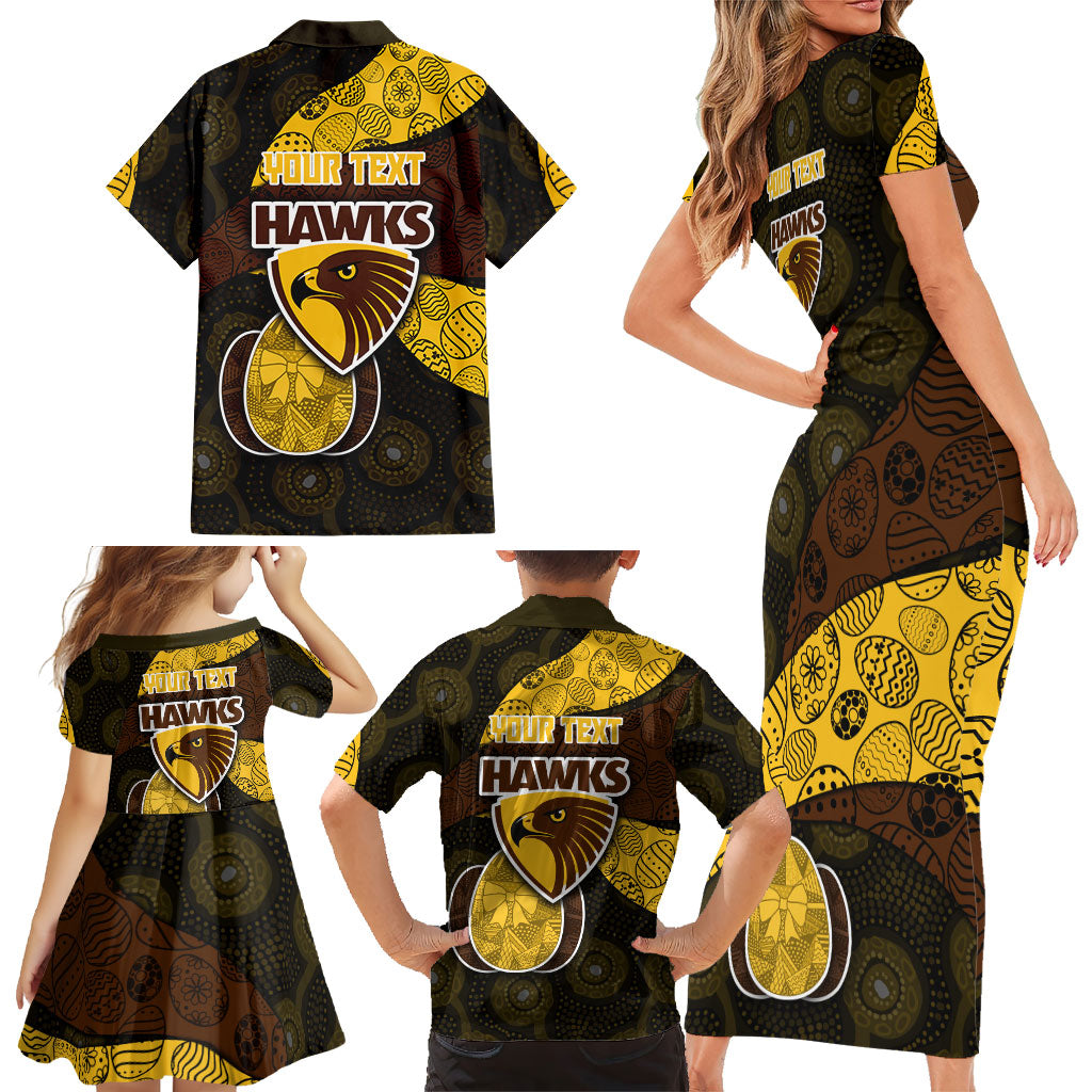 Personalized Hawks Football Family Matching Short Sleeve Bodycon Dress and Hawaiian Shirt Easter Egg Pattern Brown Gold Tribal Dot Art Style