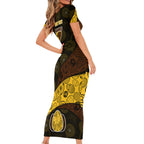 Personalized Hawks Football Family Matching Short Sleeve Bodycon Dress and Hawaiian Shirt Easter Egg Pattern Brown Gold Tribal Dot Art Style