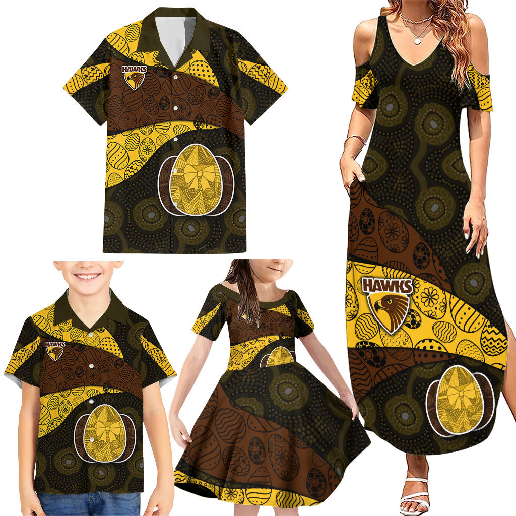 Personalized Hawks Football Family Matching Summer Maxi Dress and Hawaiian Shirt Easter Egg Pattern Brown Gold Tribal Dot Art Style