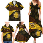 Personalized Hawks Football Family Matching Summer Maxi Dress and Hawaiian Shirt Easter Egg Pattern Brown Gold Tribal Dot Art Style
