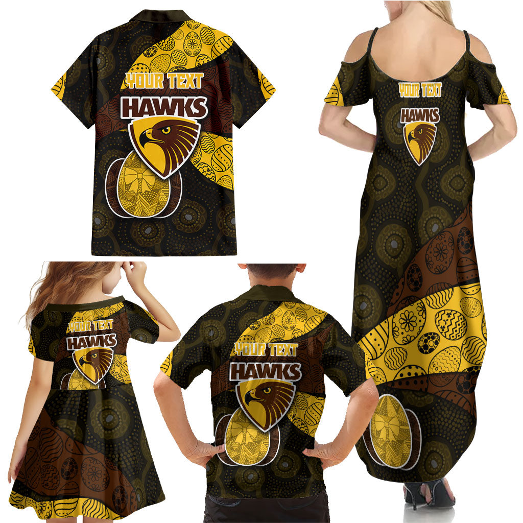 Personalized Hawks Football Family Matching Summer Maxi Dress and Hawaiian Shirt Easter Egg Pattern Brown Gold Tribal Dot Art Style