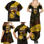 Personalized Hawks Football Family Matching Summer Maxi Dress and Hawaiian Shirt Easter Egg Pattern Brown Gold Tribal Dot Art Style