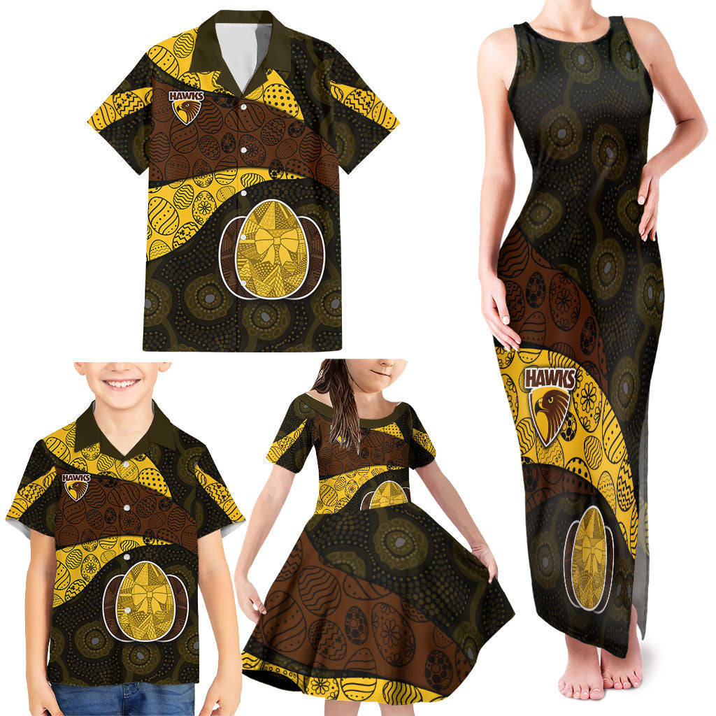 Personalized Hawks Football Family Matching Tank Maxi Dress and Hawaiian Shirt Easter Egg Pattern Brown Gold Tribal Dot Art Style