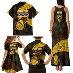 Personalized Hawks Football Family Matching Tank Maxi Dress and Hawaiian Shirt Easter Egg Pattern Brown Gold Tribal Dot Art Style