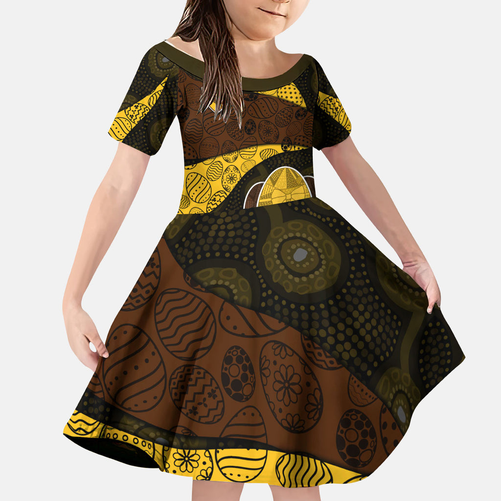 Personalized Hawks Football Kid Short Sleeve Dress Easter Egg Pattern Brown Gold Tribal Dot Art Style