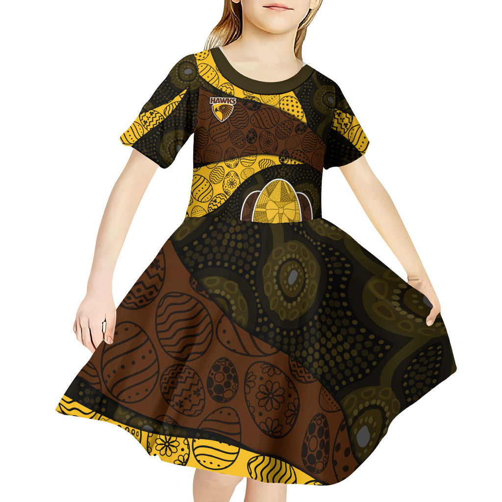 Personalized Hawks Football Kid Short Sleeve Dress Easter Egg Pattern Brown Gold Tribal Dot Art Style
