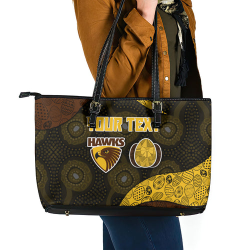 Personalized Hawks Football Leather Tote Bag Easter Egg Pattern Brown Gold Tribal Dot Art Style