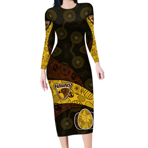 Personalized Hawks Football Long Sleeve Bodycon Dress Easter Egg Pattern Brown Gold Tribal Dot Art Style