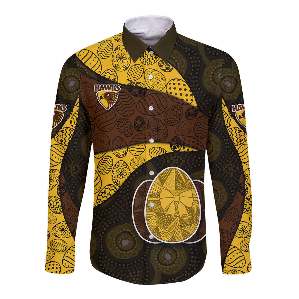Personalized Hawks Football Long Sleeve Button Shirt Easter Egg Pattern Brown Gold Tribal Dot Art Style