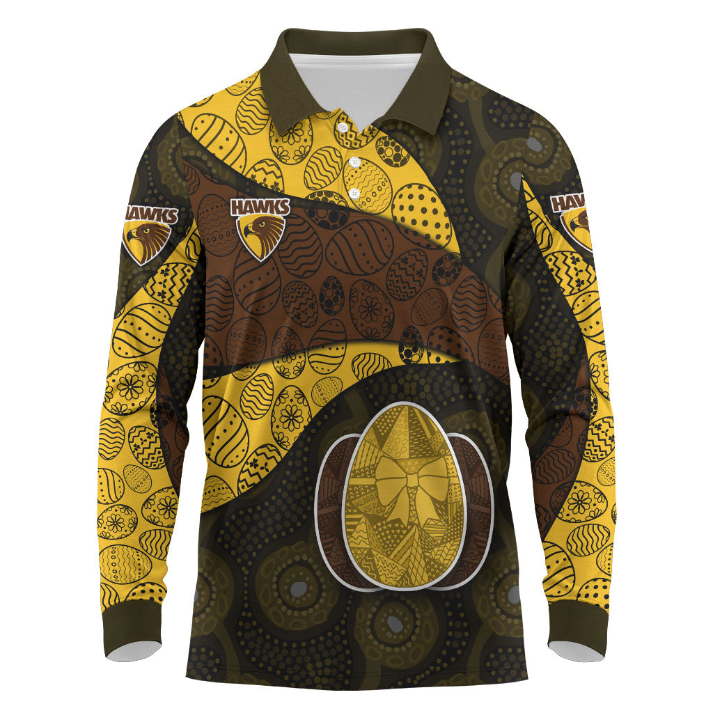 Personalized Hawks Football Long Sleeve Polo Shirt Easter Egg Pattern Brown Gold Tribal Dot Art Style