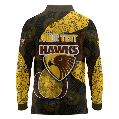 Personalized Hawks Football Long Sleeve Polo Shirt Easter Egg Pattern Brown Gold Tribal Dot Art Style