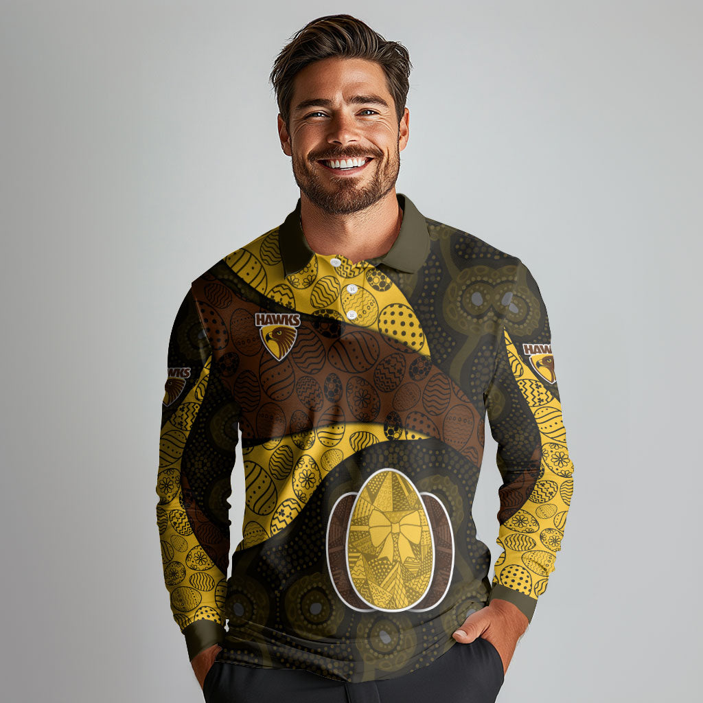 Personalized Hawks Football Long Sleeve Polo Shirt Easter Egg Pattern Brown Gold Tribal Dot Art Style