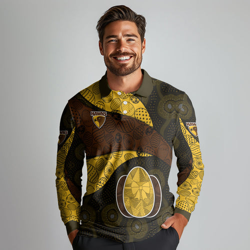 Personalized Hawks Football Long Sleeve Polo Shirt Easter Egg Pattern Brown Gold Tribal Dot Art Style