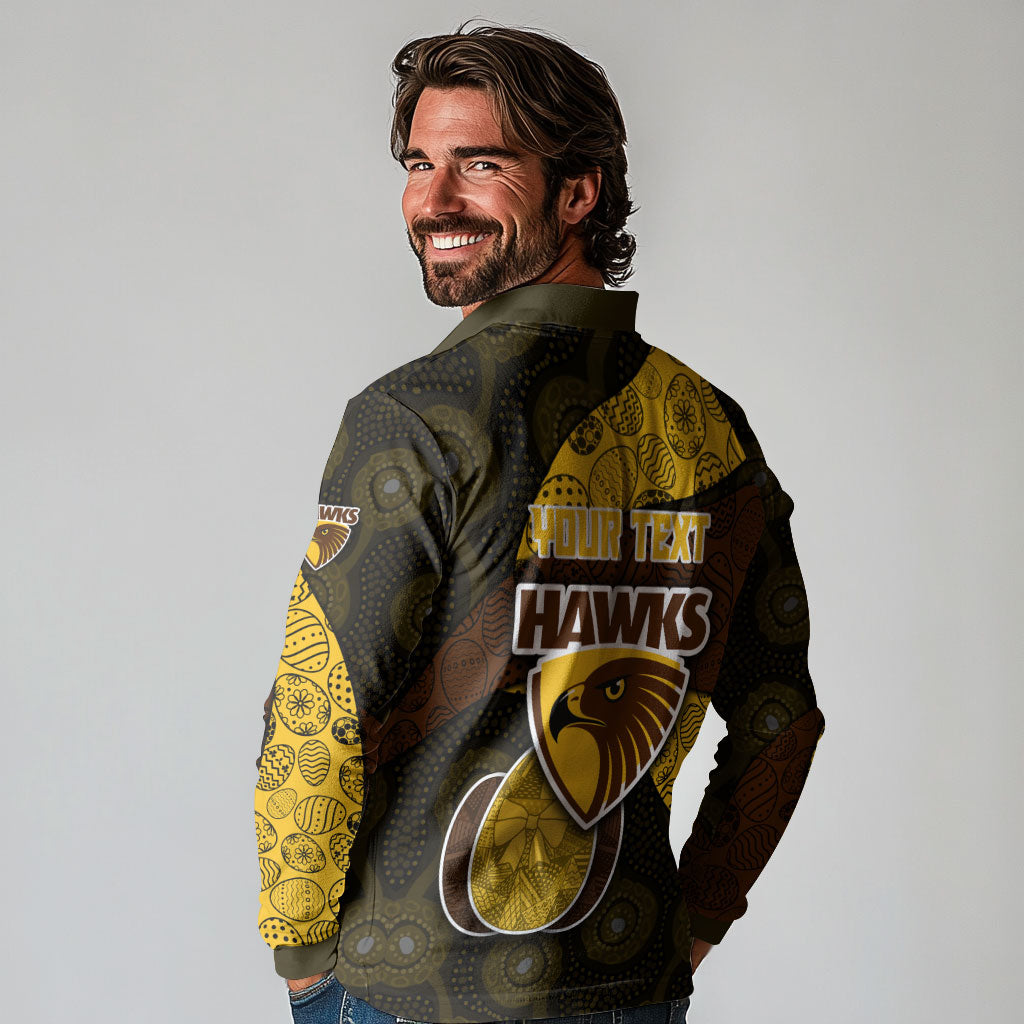 Personalized Hawks Football Long Sleeve Polo Shirt Easter Egg Pattern Brown Gold Tribal Dot Art Style