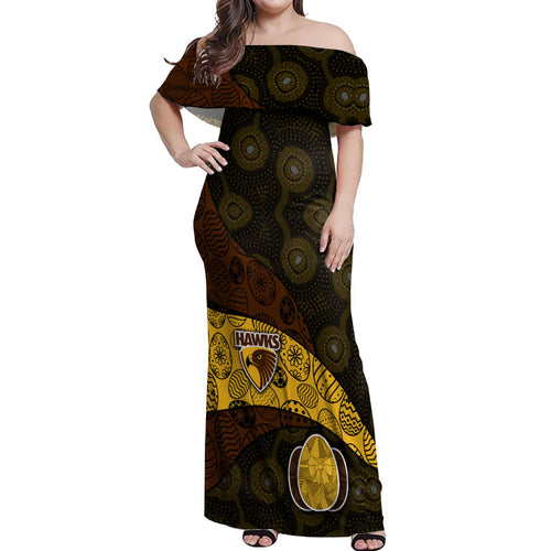 Personalized Hawks Football Off Shoulder Maxi Dress Easter Egg Pattern Brown Gold Tribal Dot Art Style