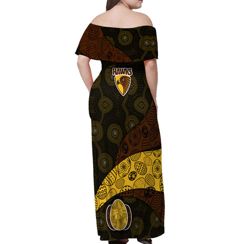 Personalized Hawks Football Off Shoulder Maxi Dress Easter Egg Pattern Brown Gold Tribal Dot Art Style