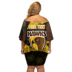 Personalized Hawks Football Off Shoulder Short Dress Easter Egg Pattern Brown Gold Tribal Dot Art Style