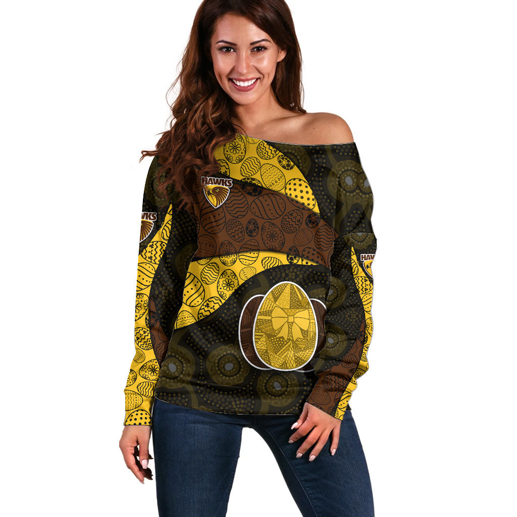 Personalized Hawks Football Off Shoulder Sweater Easter Egg Pattern Brown Gold Tribal Dot Art Style
