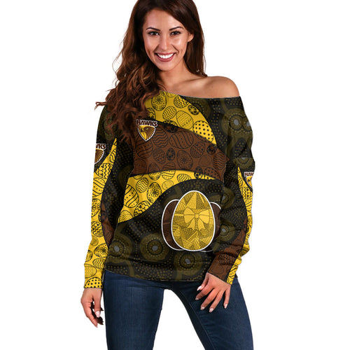 Personalized Hawks Football Off Shoulder Sweater Easter Egg Pattern Brown Gold Tribal Dot Art Style