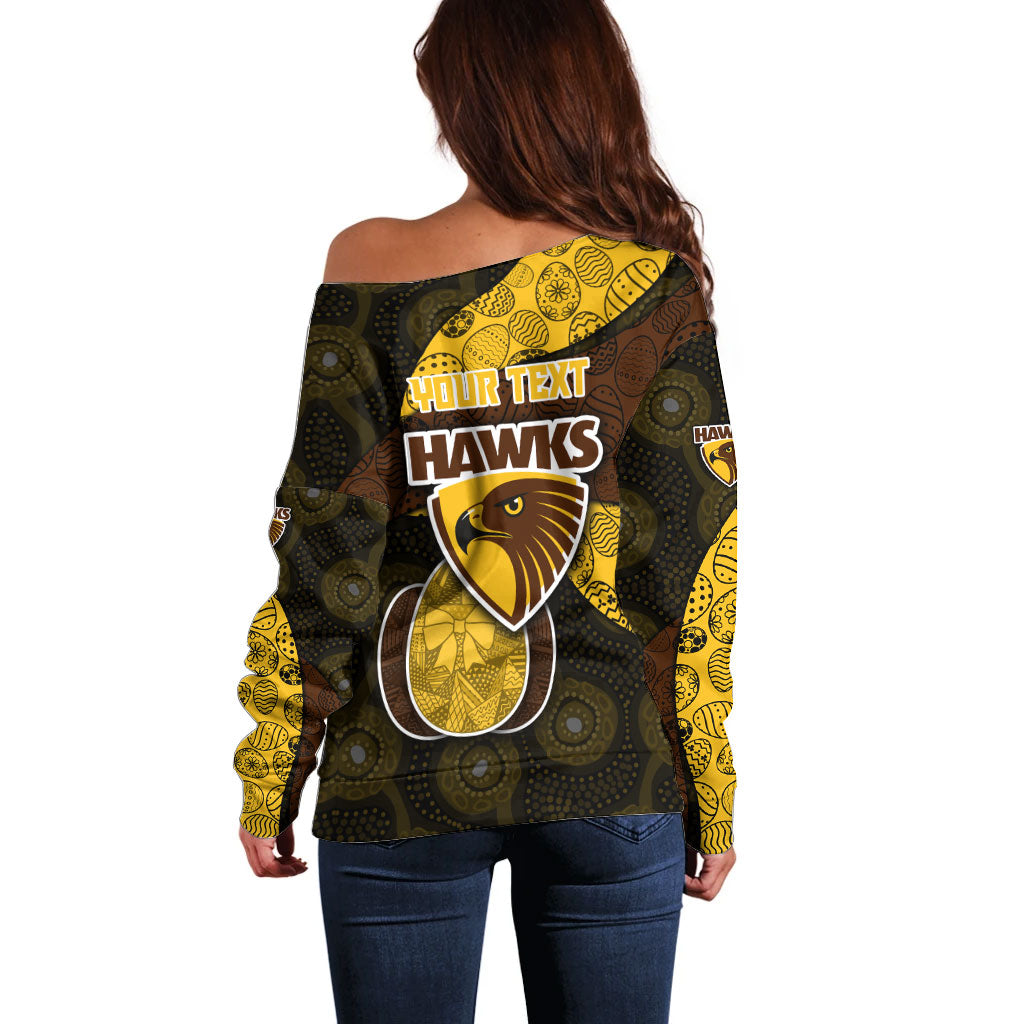 Personalized Hawks Football Off Shoulder Sweater Easter Egg Pattern Brown Gold Tribal Dot Art Style