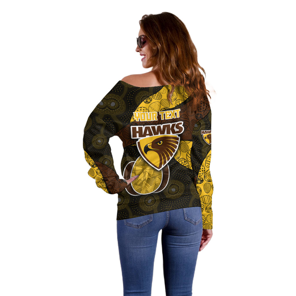 Personalized Hawks Football Off Shoulder Sweater Easter Egg Pattern Brown Gold Tribal Dot Art Style