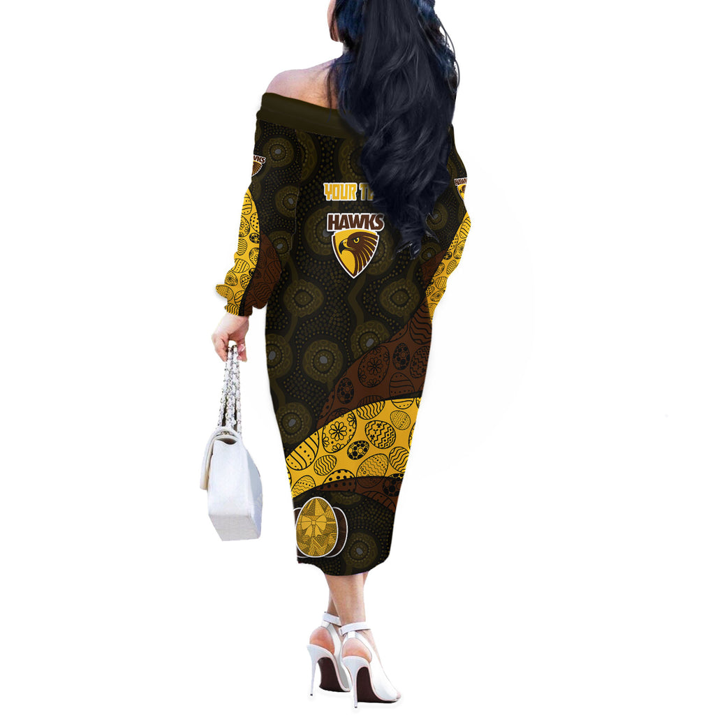 Personalized Hawks Football Off The Shoulder Long Sleeve Dress Easter Egg Pattern Brown Gold Tribal Dot Art Style