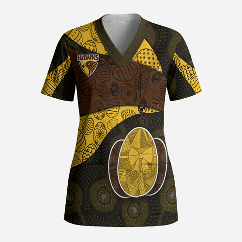 Personalized Hawks Football Scrub Top Easter Egg Pattern Brown Gold Tribal Dot Art Style