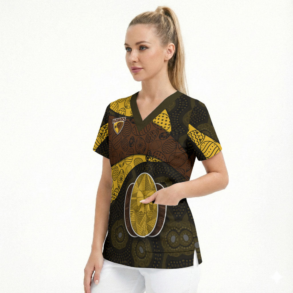 Personalized Hawks Football Scrub Top Easter Egg Pattern Brown Gold Tribal Dot Art Style