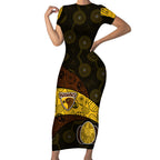 Personalized Hawks Football Short Sleeve Bodycon Dress Easter Egg Pattern Brown Gold Tribal Dot Art Style