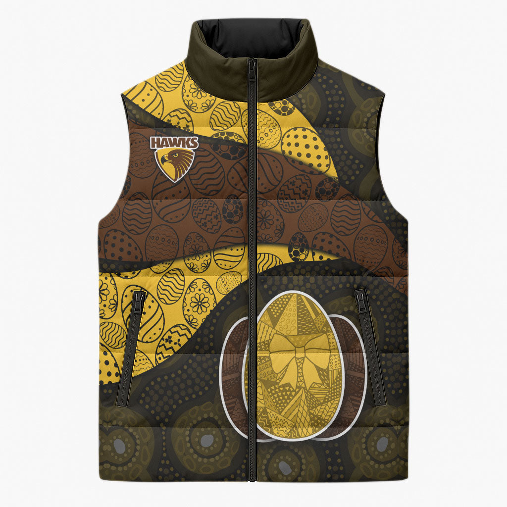 Personalized Hawks Football Sleeveless Puffer Jacket Easter Egg Pattern Brown Gold Tribal Dot Art Style